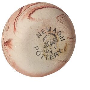 VTG NEMADJI POTTERY 3.5" RED SWIRL VASE INDIAN HEAD LOGO USA MADE SOUTHWEST